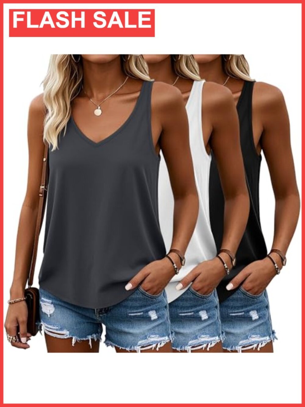 3 Pack Womens Racerback Tank Tops Loose Fit V Neck Sleeveless Summer Tops